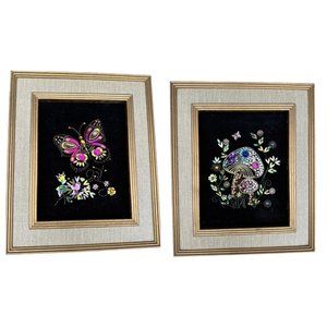 Vintage Framed Art Mushroom, Butterflies Flowers Vibrant Colors MCM